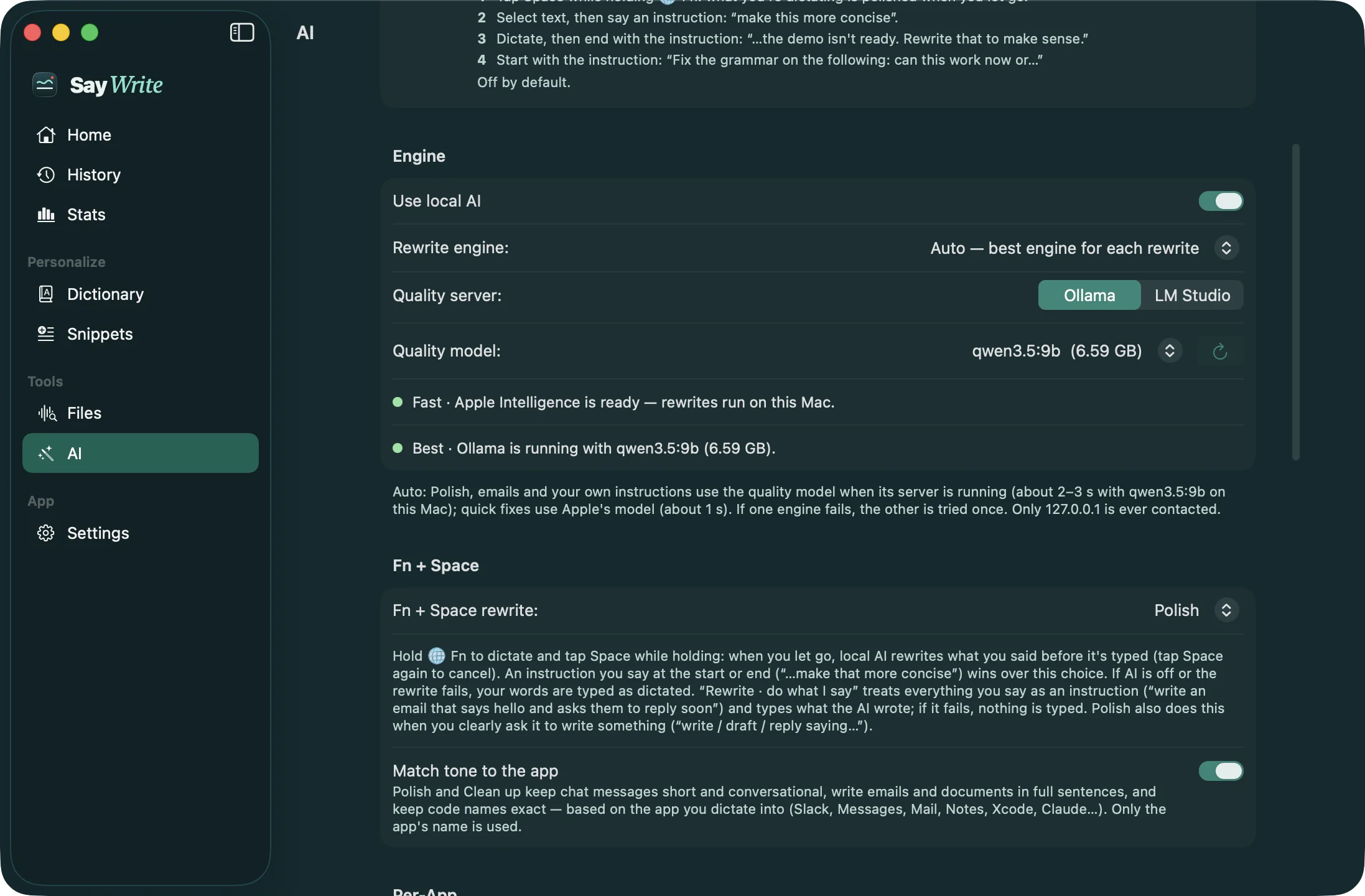 SayWrite's AI settings with the Rewrite engine picker