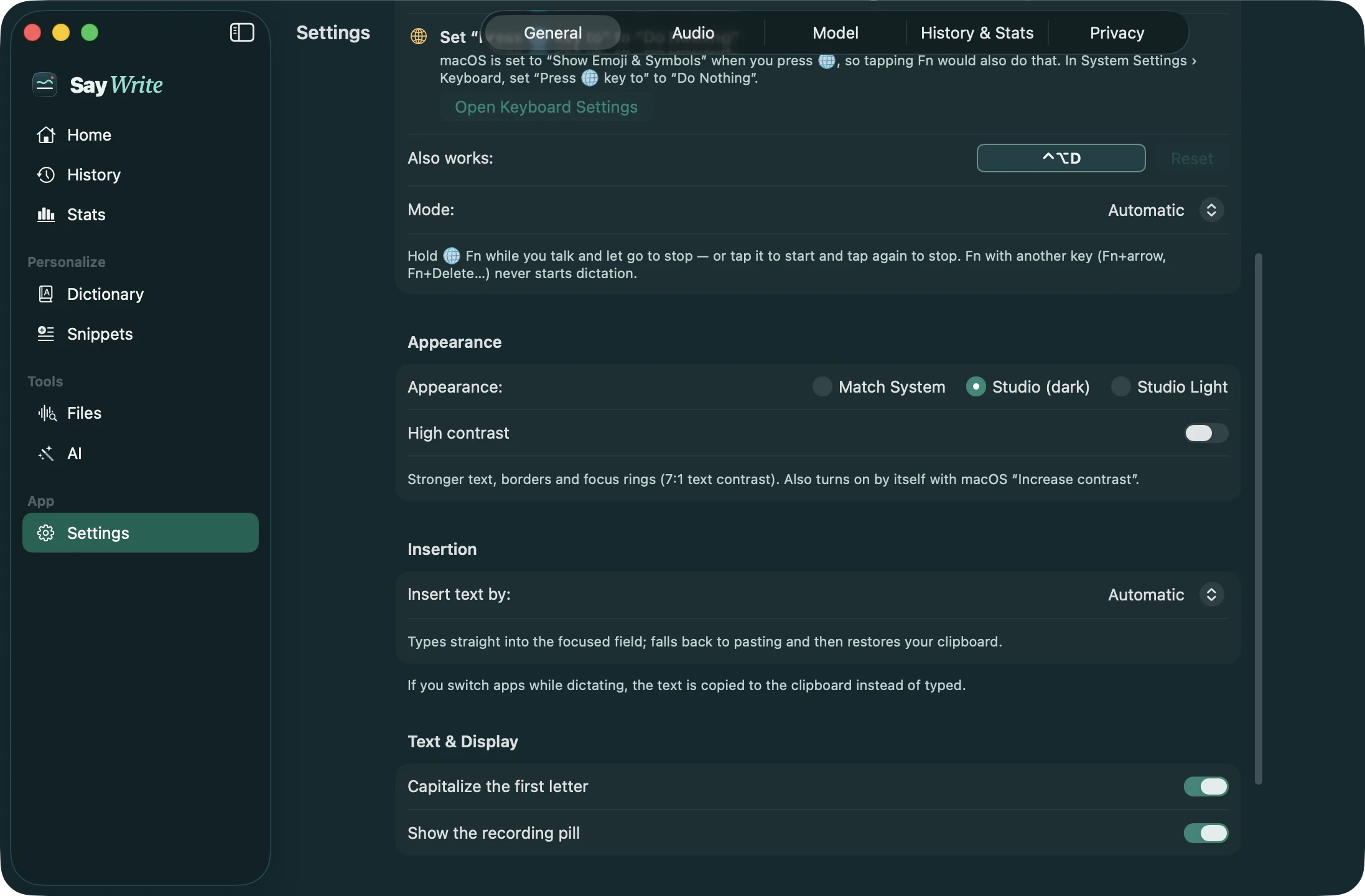 SayWrite in the Studio dark theme