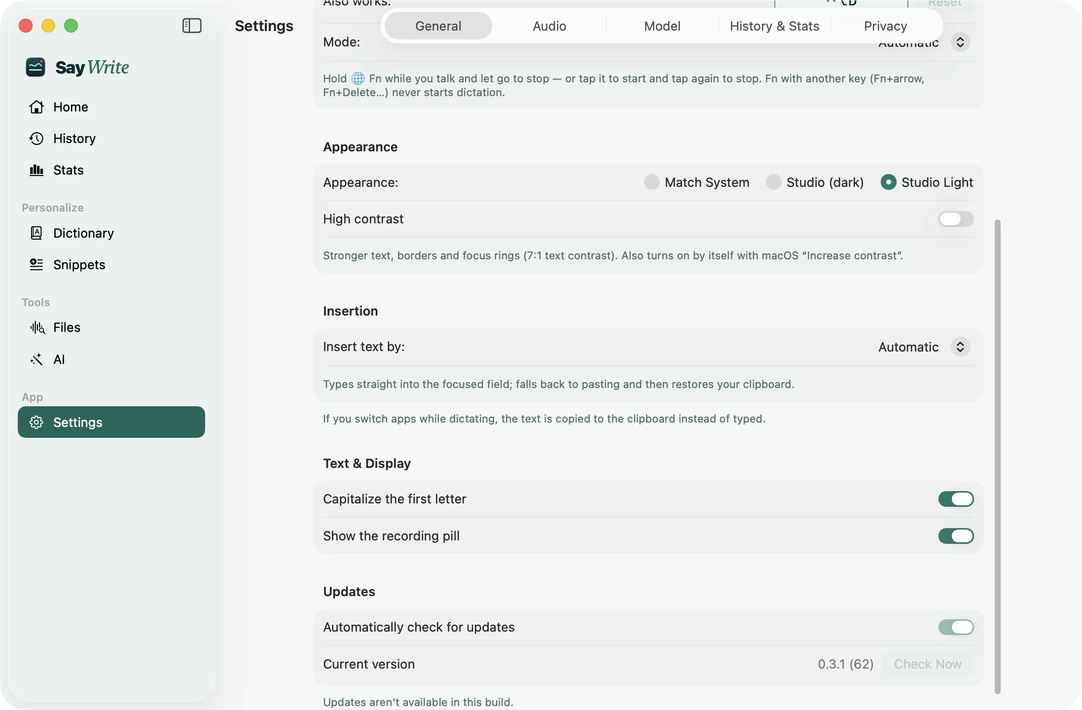 SayWrite in the Studio Light theme
