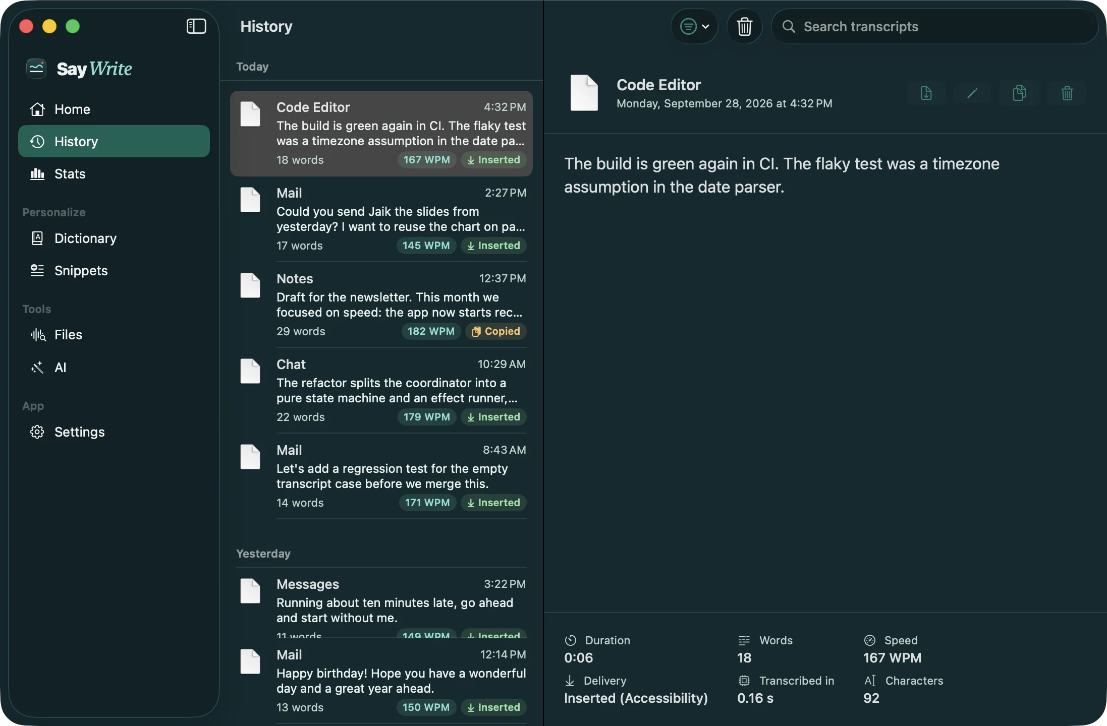 SayWrite's History list, searchable and grouped by app