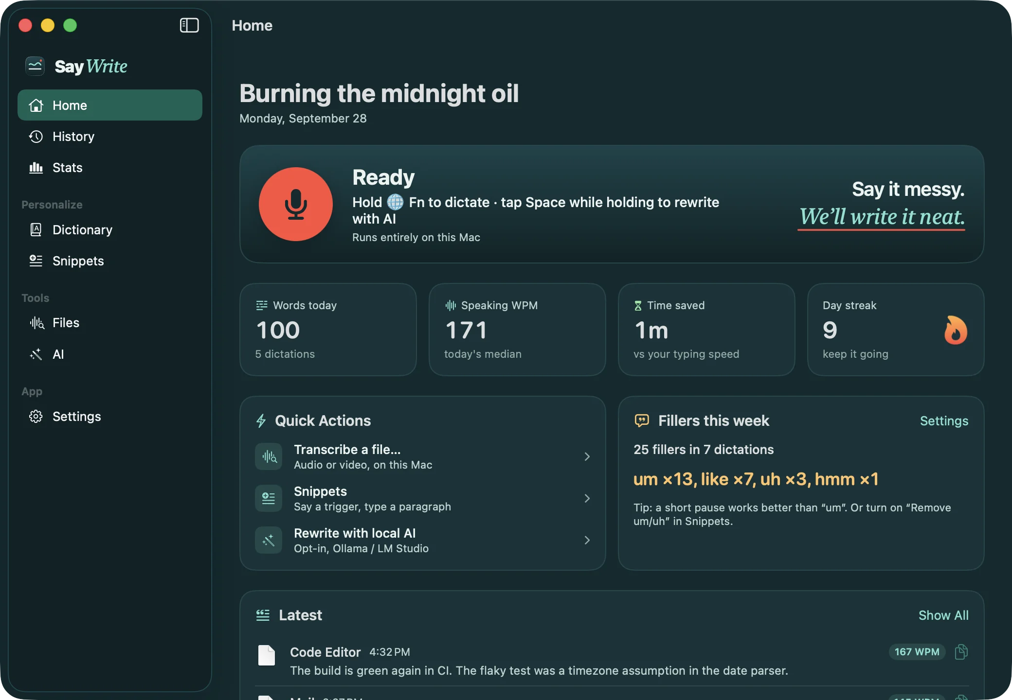SayWrite's Home screen with recent dictations and status
